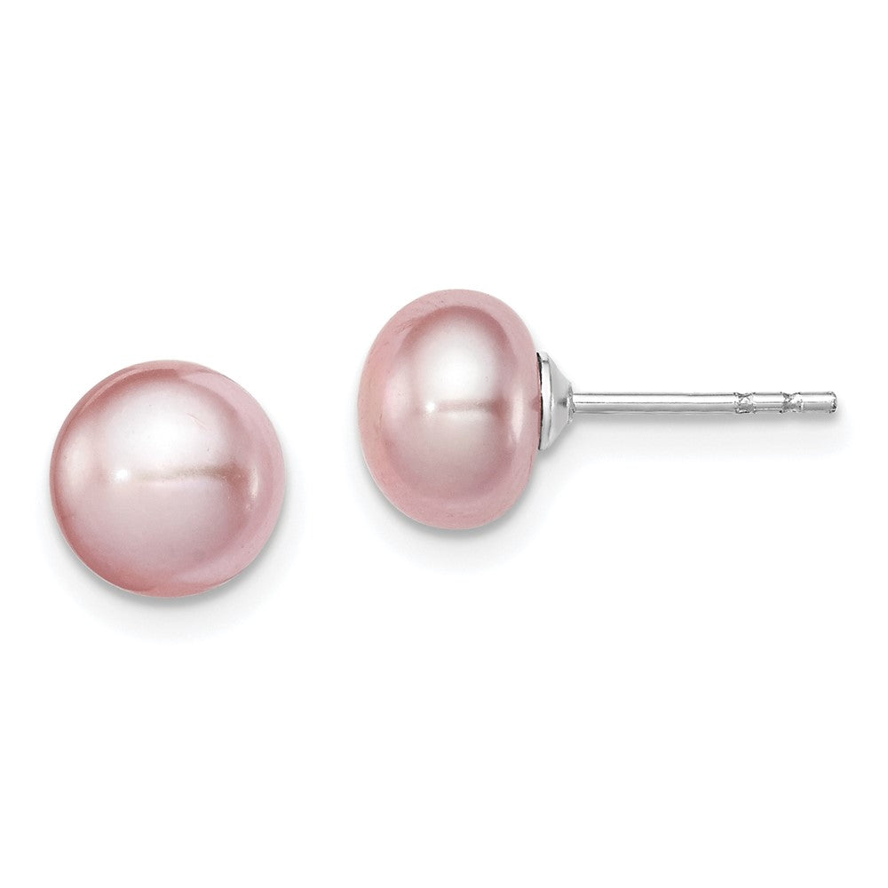 Sterling Silver Rhodium-plated 7- Purple Button Freshwater Cultured Pearl Post Earrings