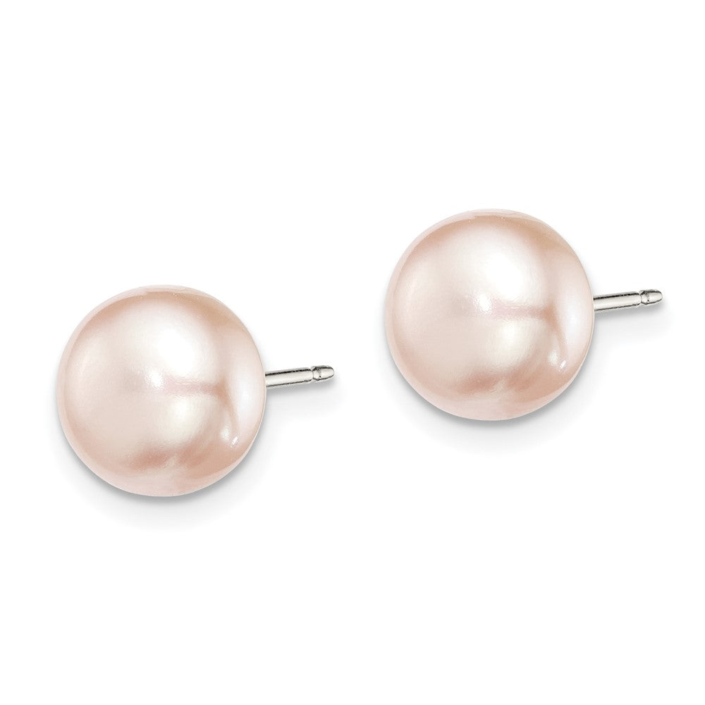 Sterling Silver Rhodium-plated 8- Purple Button Freshwater Cultured Pearl Post Earrings
