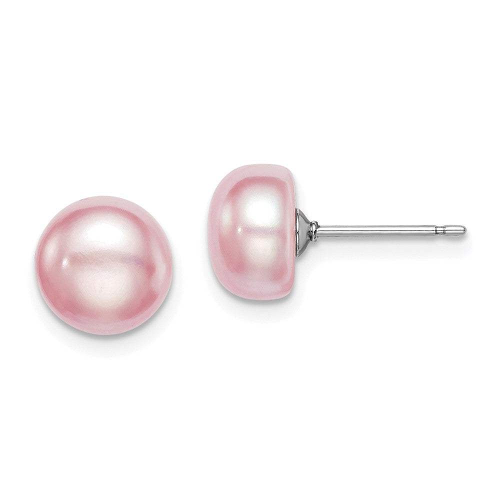 Sterling Silver Rhodium-plated 8- Purple Button Freshwater Cultured Pearl Post Earrings