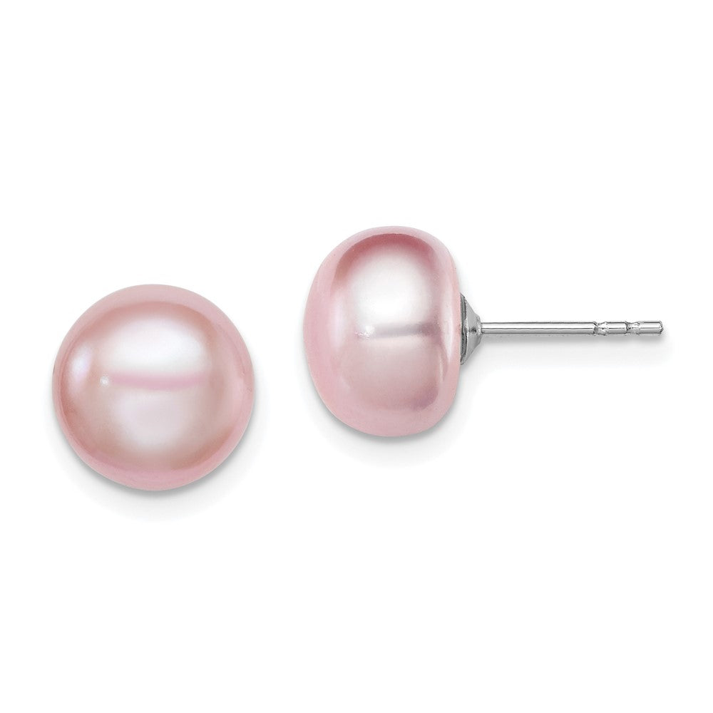 Sterling Silver Rhodium-plated 9- Purple Button Freshwater Cultured Pearl Post Earrings