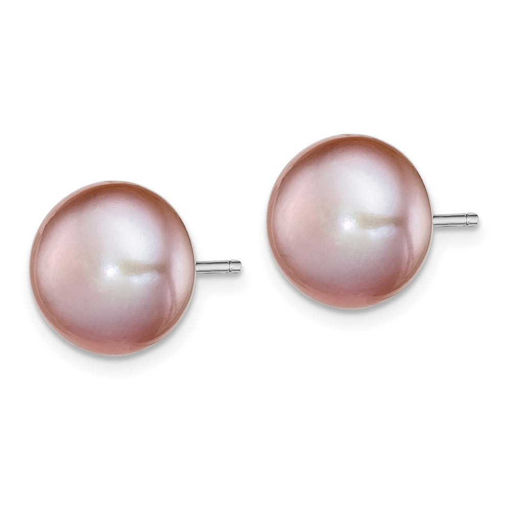 Sterling Silver Rhodium-plated 10- Purple Button Freshwater Cultured Pearl Post Earrings