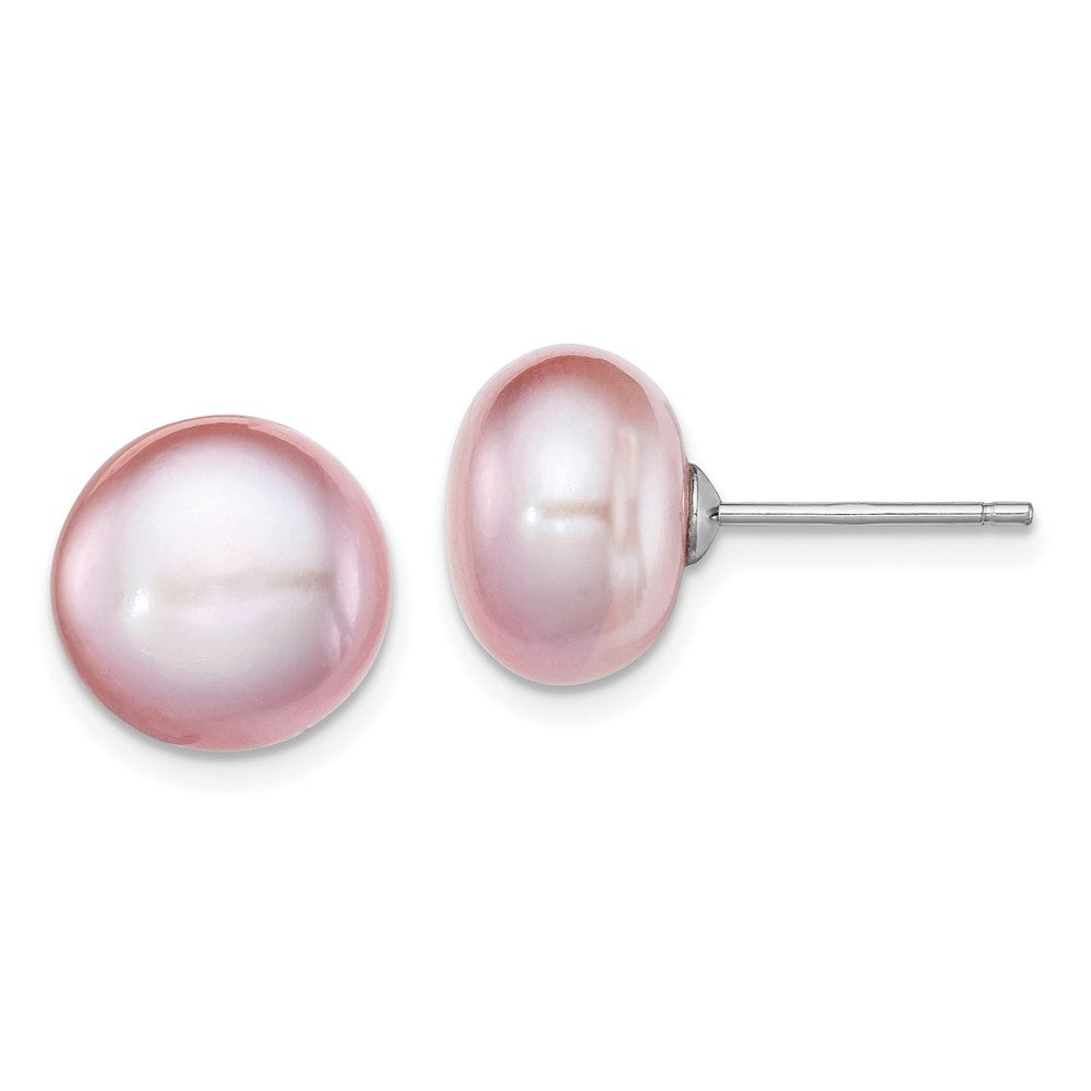 Sterling Silver Rhodium-plated 10- Purple Button Freshwater Cultured Pearl Post Earrings