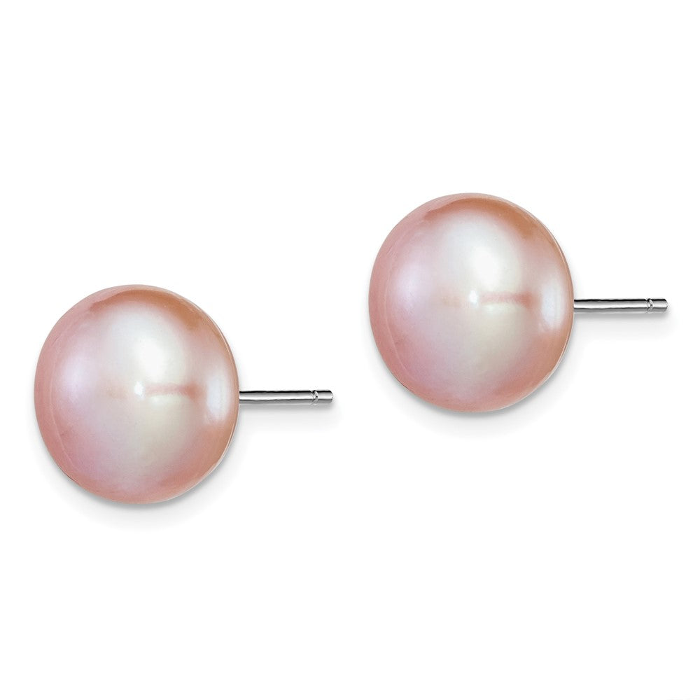 Sterling Silver Rhodium-plated 11- Purple Button Freshwater Cultured Pearl Post Earrings