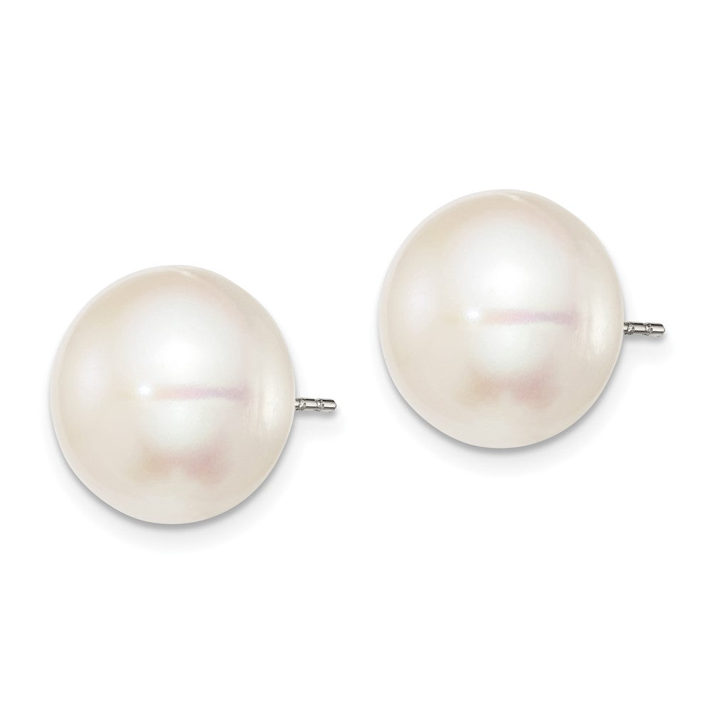 Sterling Silver Rhodium-plated 12- White Button Freshwater Cultured Pearl Post Earrings