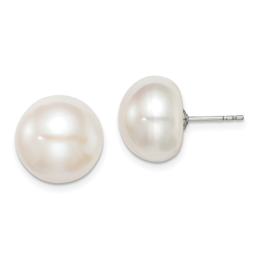Sterling Silver Rhodium-plated 12- White Button Freshwater Cultured Pearl Post Earrings