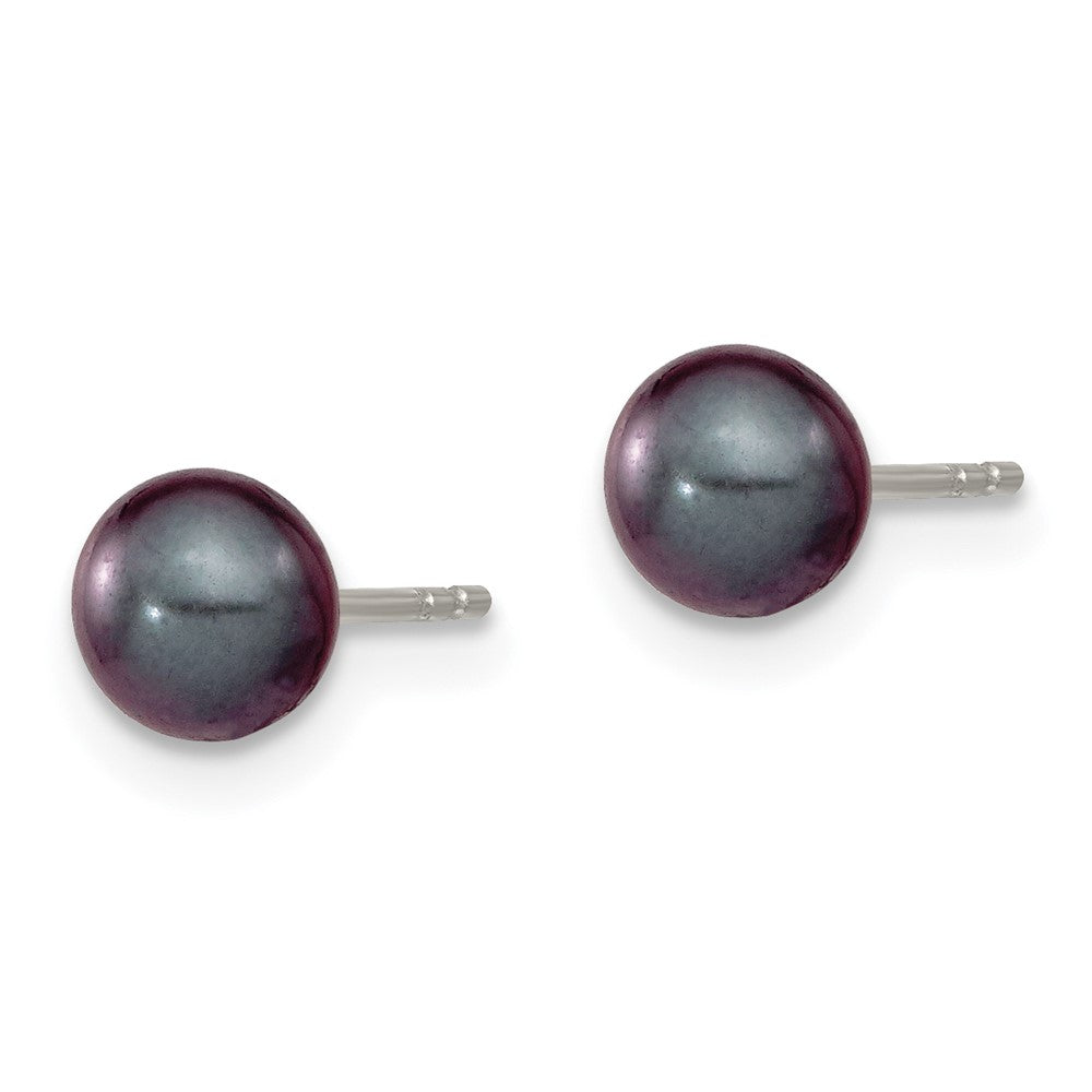 Sterling Silver Rhodium-plated 5- Black Round Freshwater Cultured Pearl Post Earrings