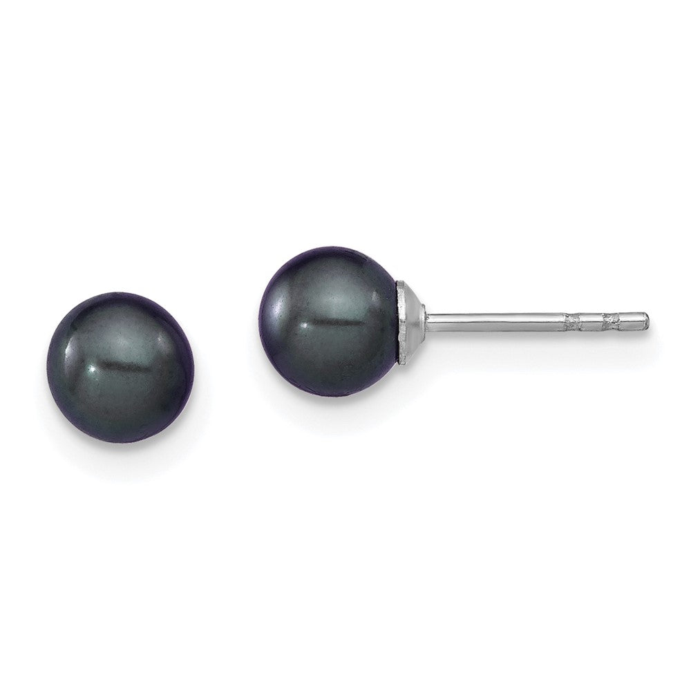 Sterling Silver Rhodium-plated 5- Black Round Freshwater Cultured Pearl Post Earrings