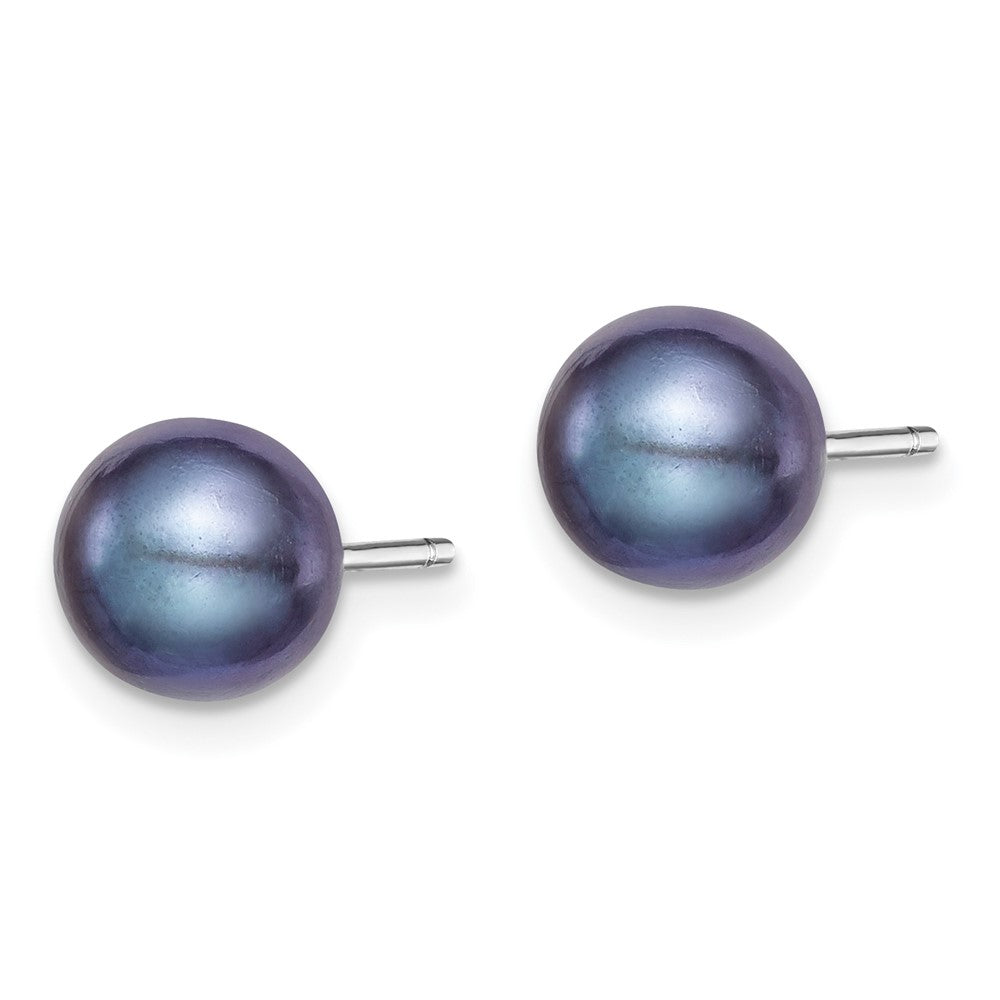 Sterling Silver Rhodium-plated 7- Black Round Freshwater Cultured Pearl Post Earrings