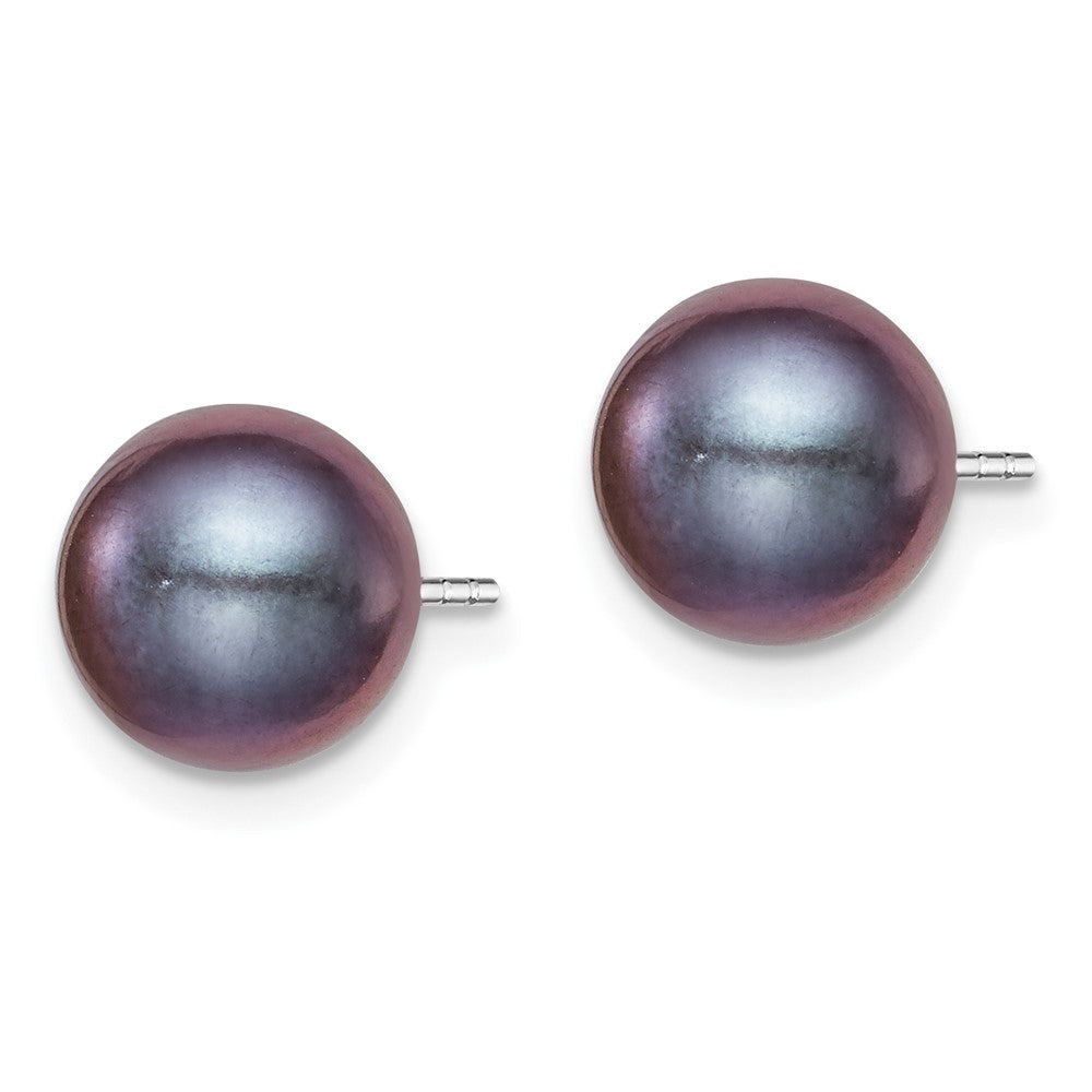 Sterling Silver Rhodium-plated 8- Black Round Freshwater Cultured Pearl Post Earrings