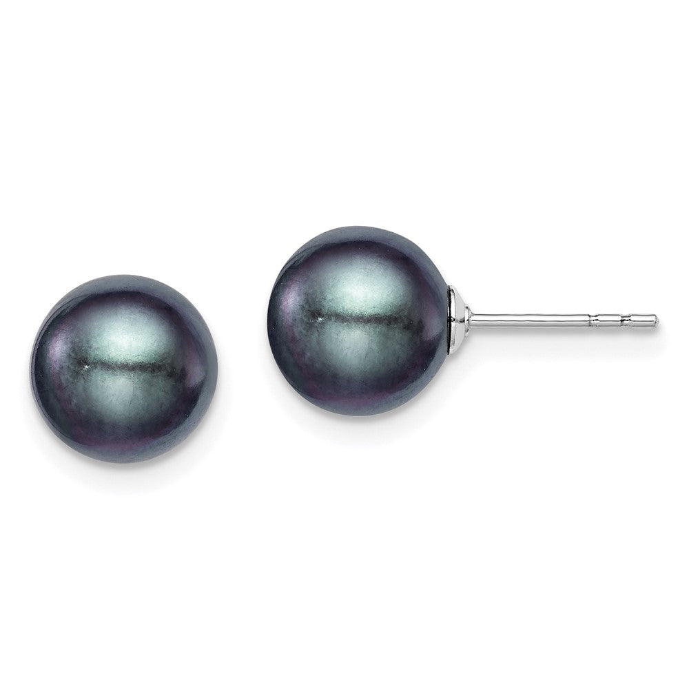 Sterling Silver Rhodium-plated 8- Black Round Freshwater Cultured Pearl Post Earrings