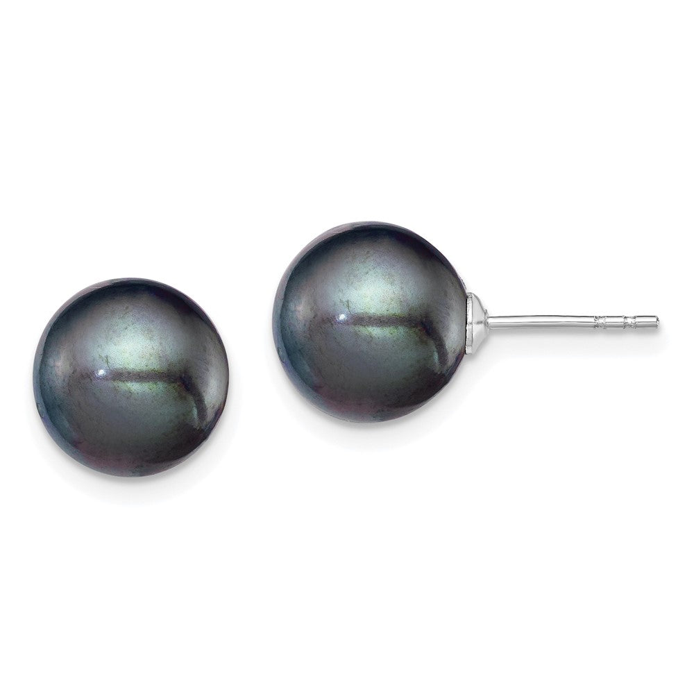 Sterling Silver Rhodium-plated 9- Black Round Freshwater Cultured Pearl Post Earring