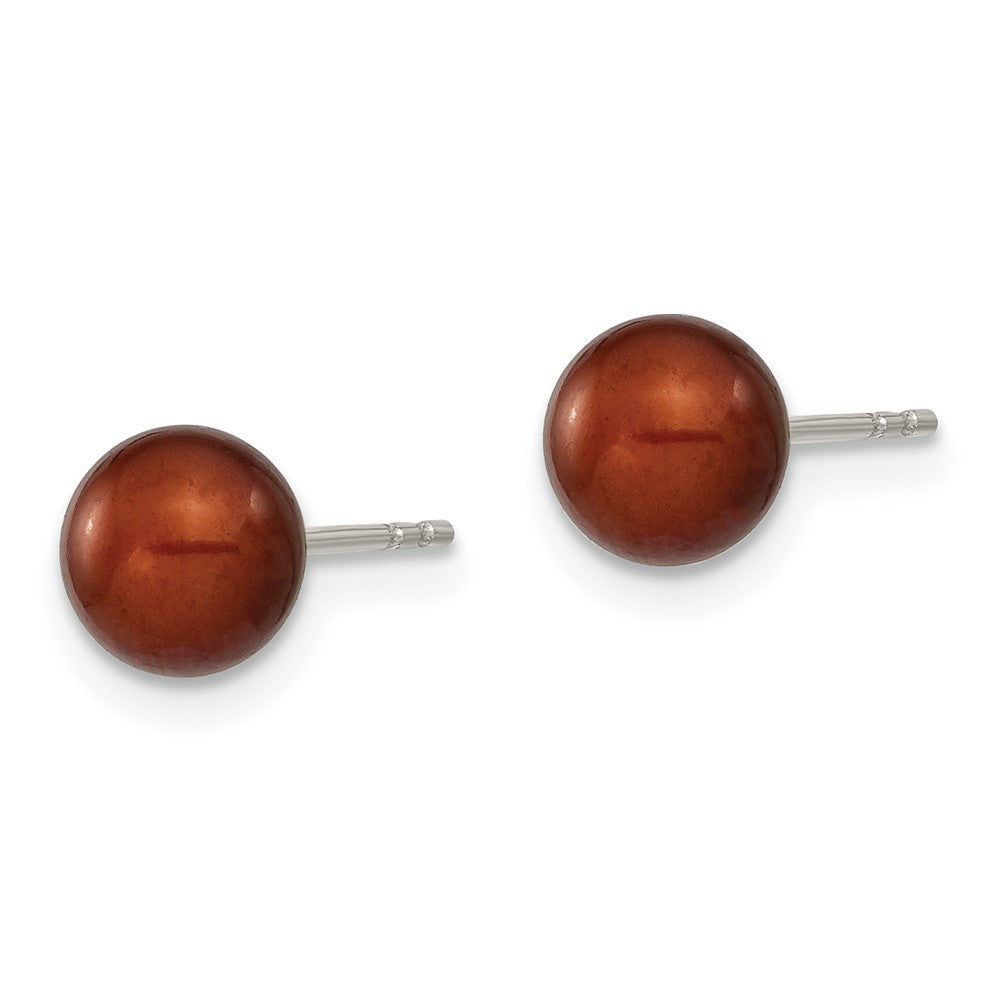 Sterling Silver Rhodium-plated 6- Brown Round Freshwater Cultured Pearl Post Earring