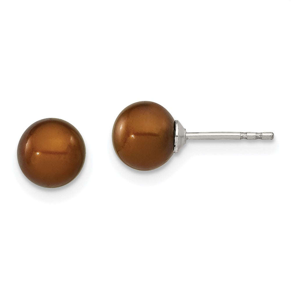 Sterling Silver Rhodium-plated 6- Brown Round Freshwater Cultured Pearl Post Earring