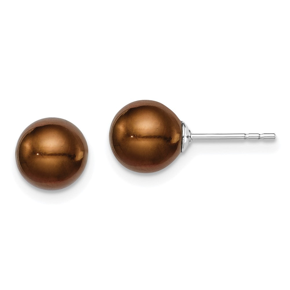 Sterling Silver Rhodium-plated 7- Brown Round Freshwater Cultured Pearl Post Earring