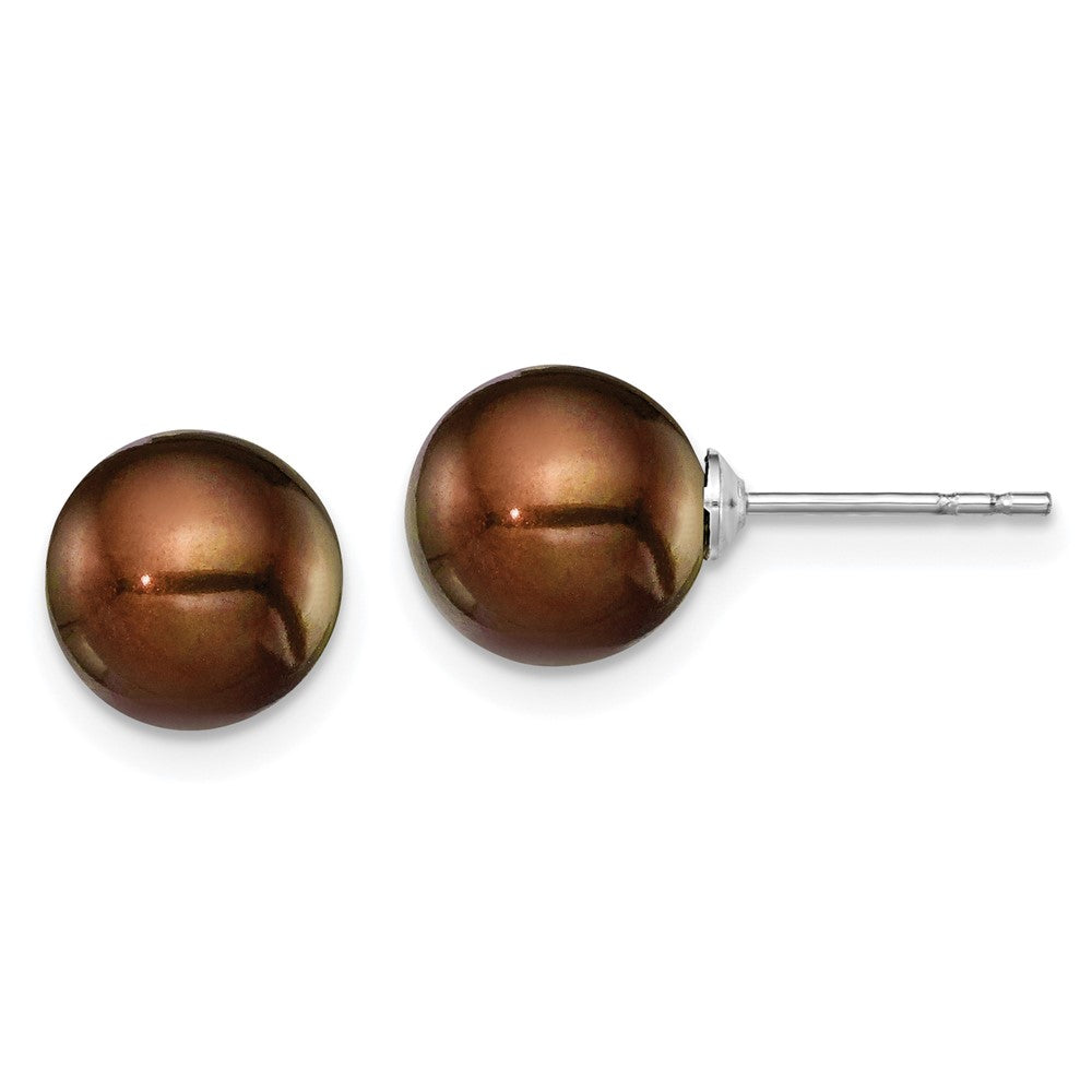 Sterling Silver Rhodium-plated 8- Brown Round Freshwater Cultured Pearl Post Earring