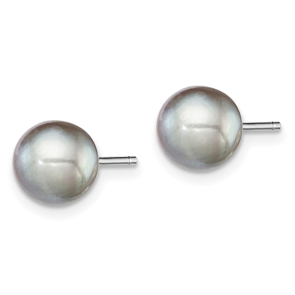 Sterling Silver Rhodium-plated 7- Grey Round Freshwater Cultured Pearl Post Earrings