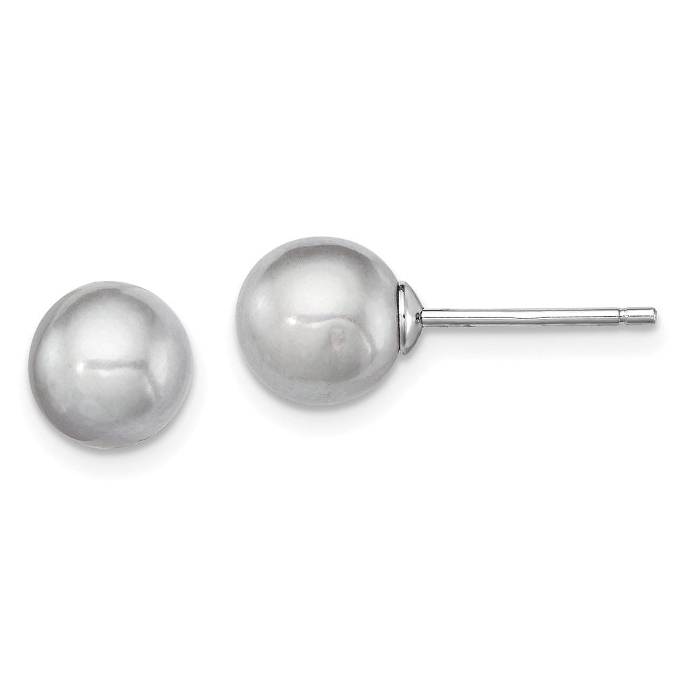 Sterling Silver Rhodium-plated 7- Grey Round Freshwater Cultured Pearl Post Earrings