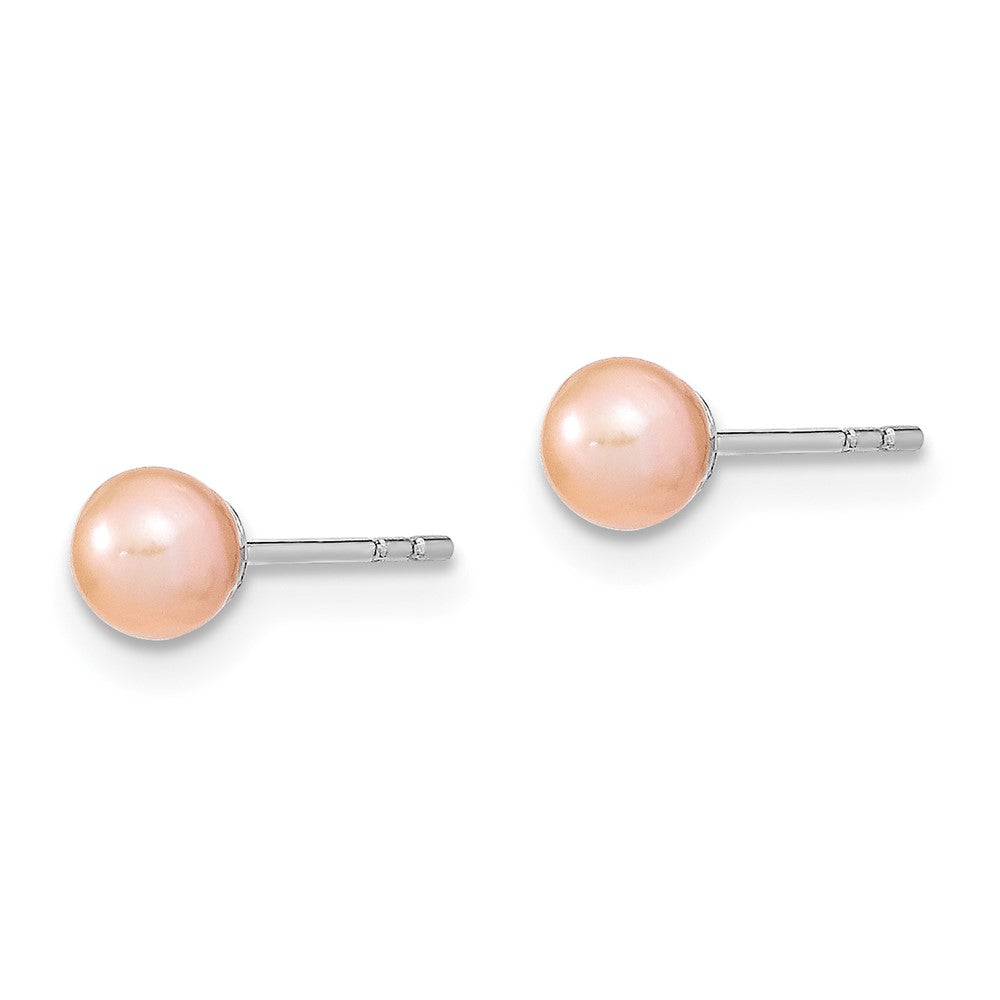 Sterling Silver Rhodium-plated 4- Pink Round Freshwater Cultured Pearl Post Earrings