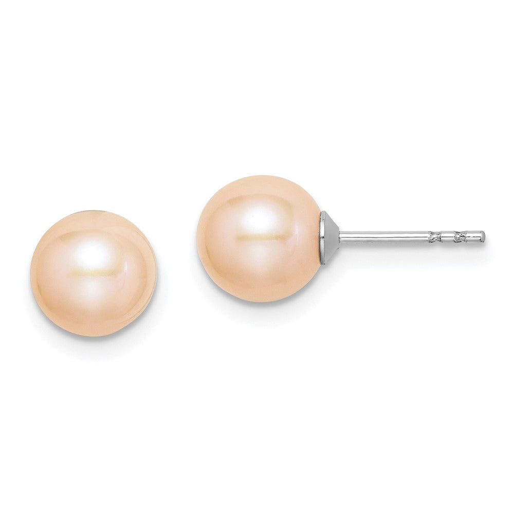 Sterling Silver Rhodium-plated 7- Pink Round Freshwater Cultured Pearl Post Earrings