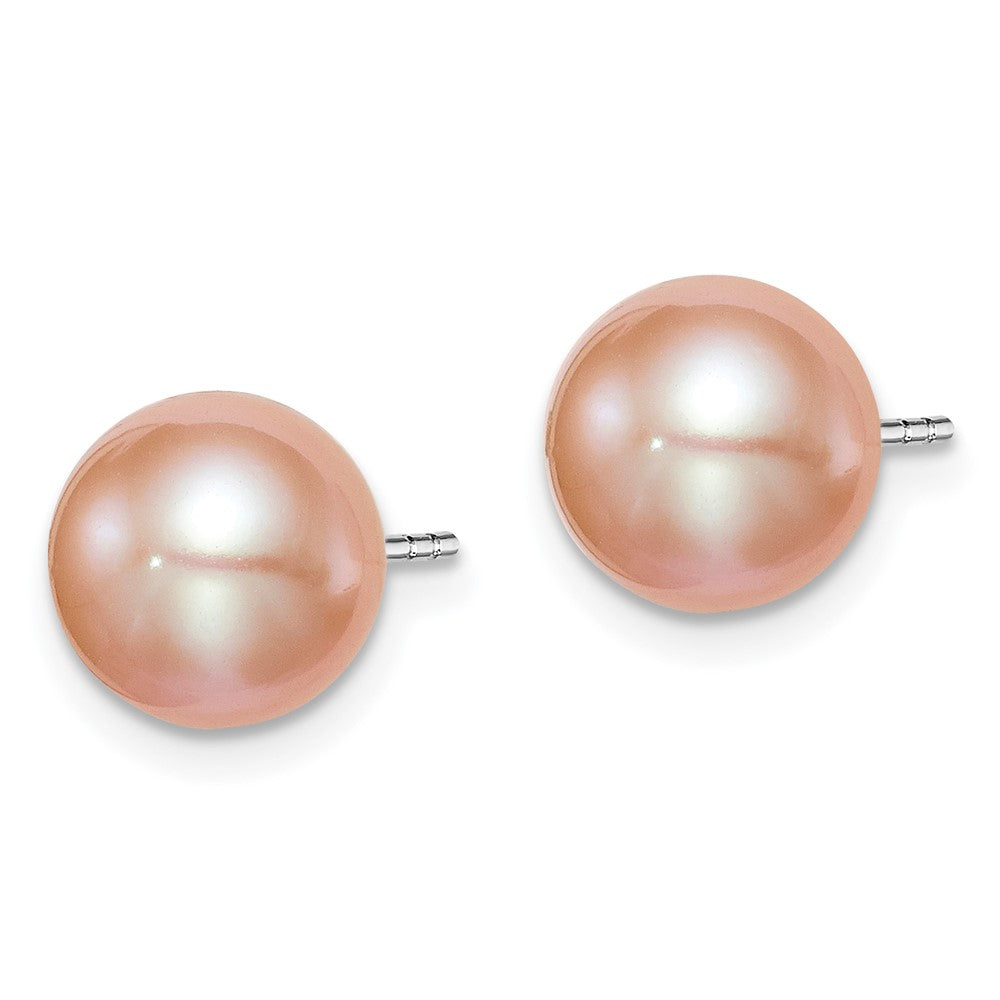 Sterling Silver Rhodium-plated 8- Pink Round Freshwater Cultured Pearl Post Earrings