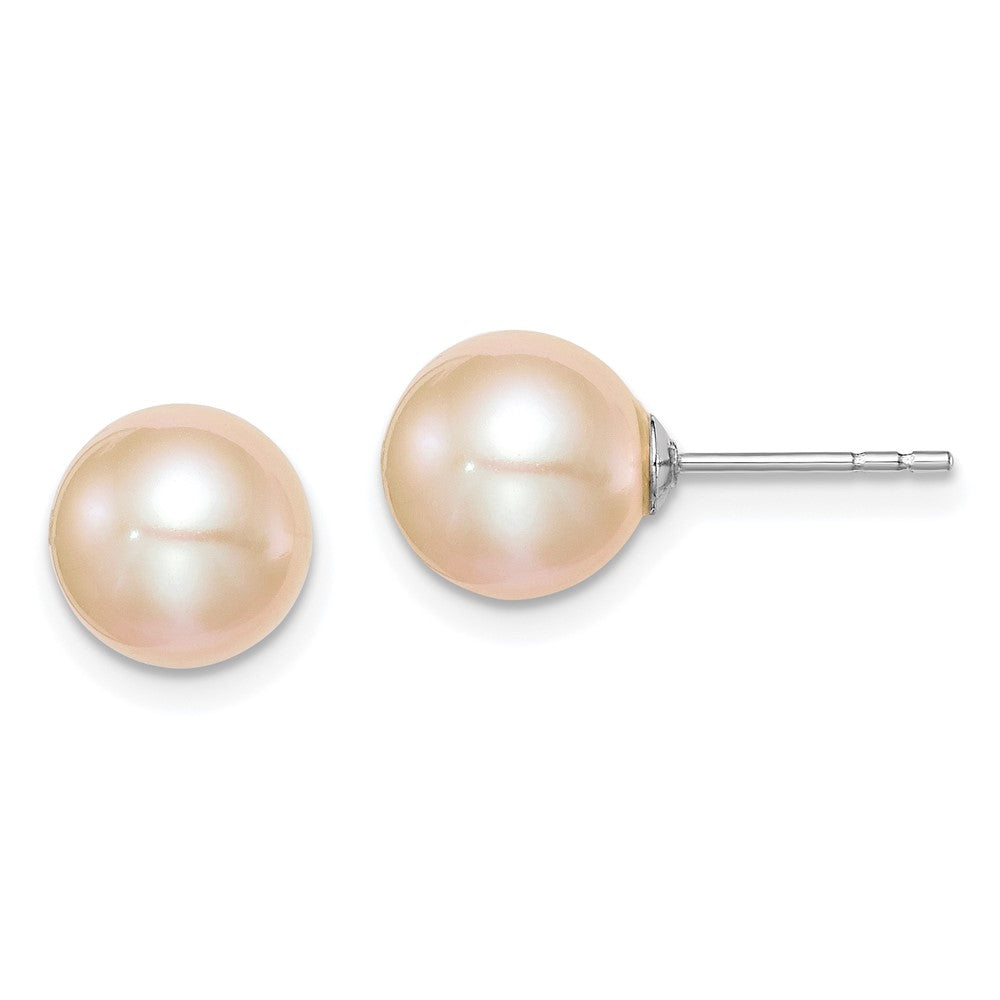 Sterling Silver Rhodium-plated 8- Pink Round Freshwater Cultured Pearl Post Earrings