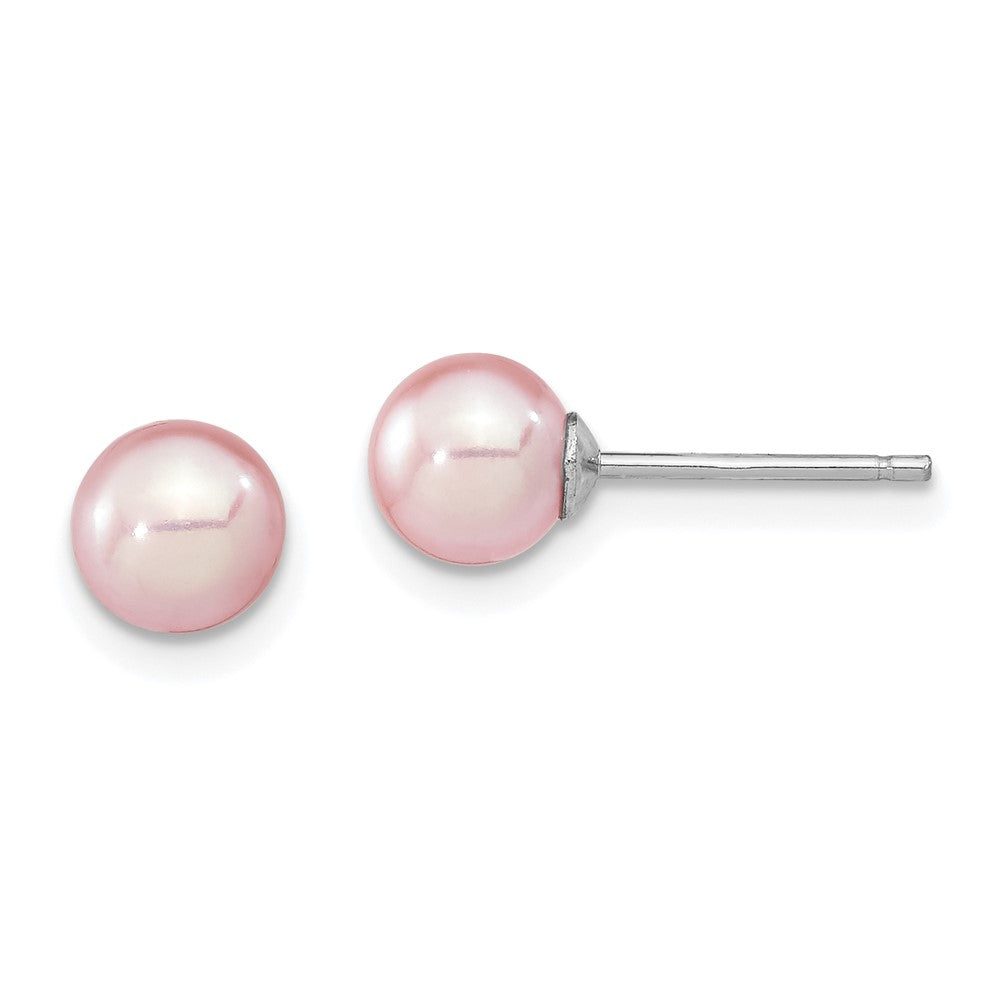 Sterling Silver Rhodium-plated 6- Purple Round Freshwater Cultured Pearl Post Earring