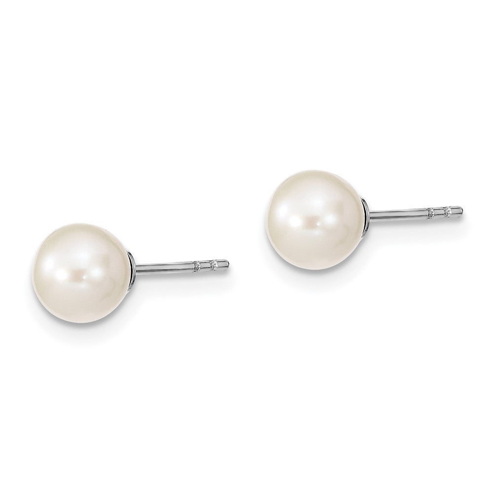 Sterling Silver Rhodium-plated 6- White Round Freshwater Cultured Pearl Post Earrings