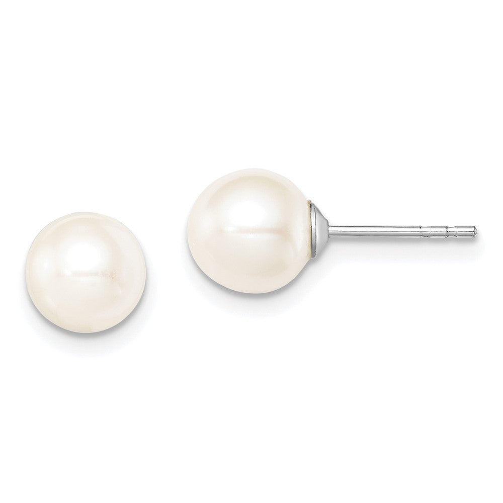 Sterling Silver Rhodium-plated 7- White Round Freshwater Cultured Pearl Post Earrings