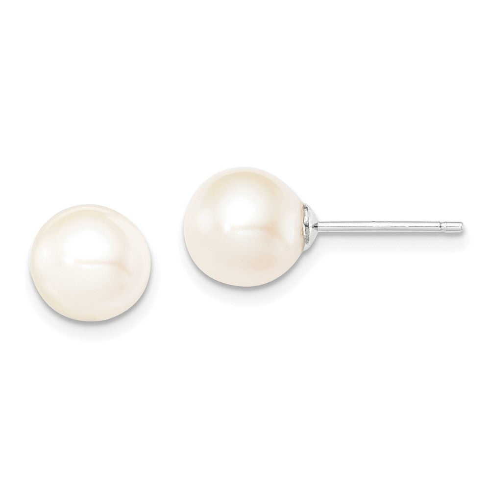 Sterling Silver Rhodium-plated 8- White Round Freshwater Cultured Pearl Post Earrings