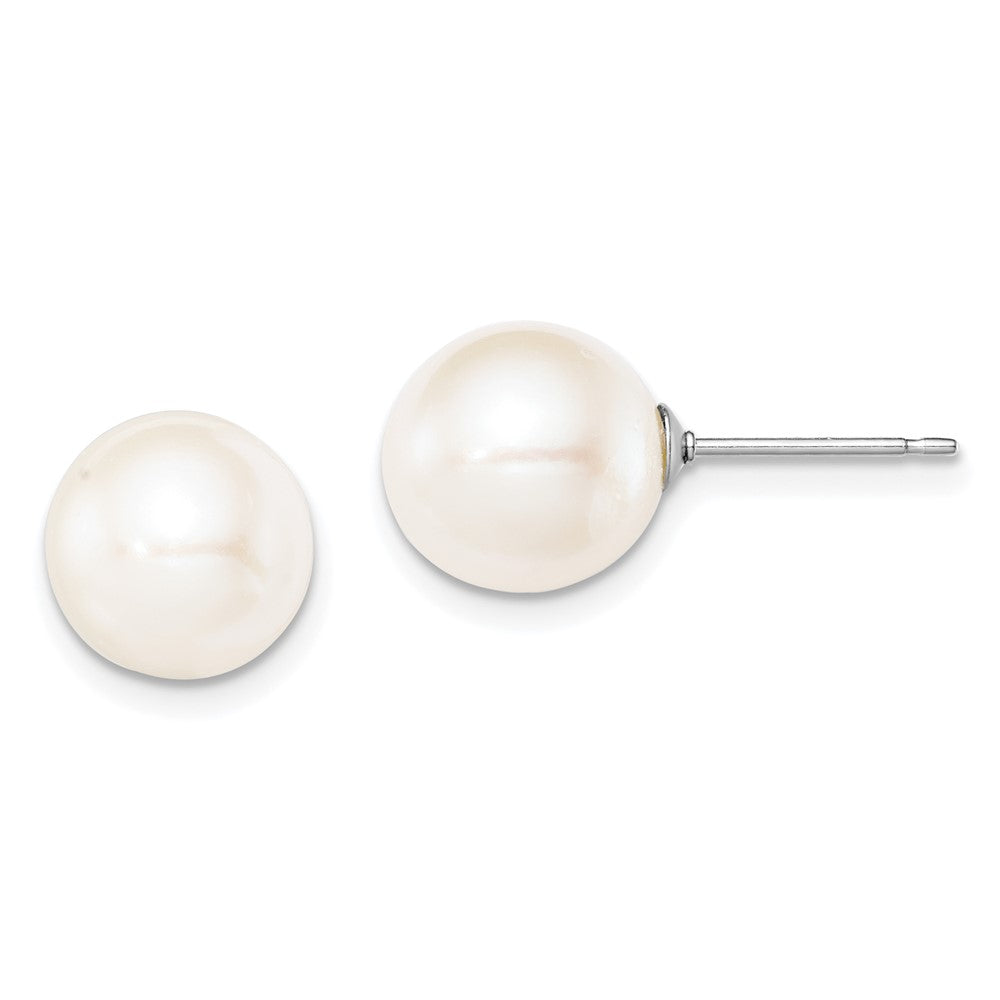 Sterling Silver Rhodium-plated 9- White Round Freshwater Cultured Pearl Post Earring