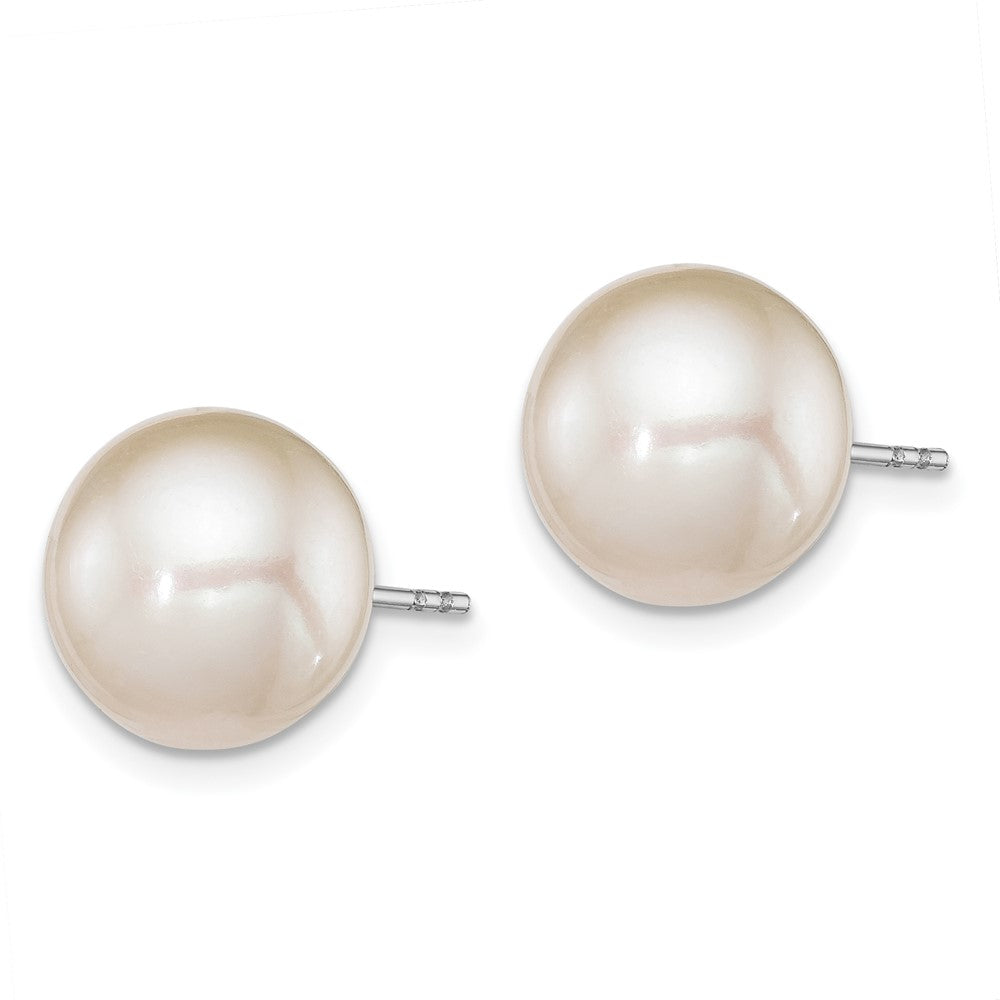 Sterling Silver Rhodium-plated 10- White Round Freshwater Cultured Pearl Post Earrings