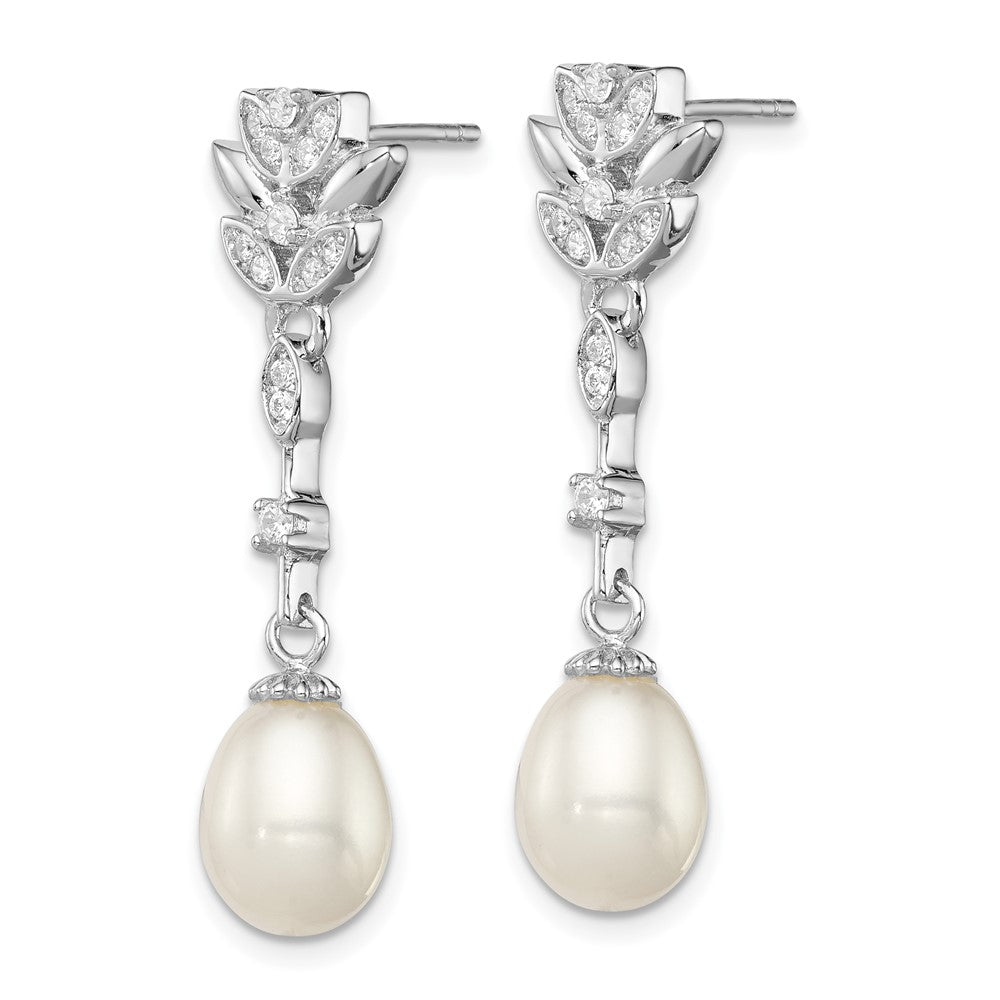 Sterling Silver Rhodium-plated 8- White Teardrop Freshwater Cultured Pearl and CZ Post Dangle Earrings