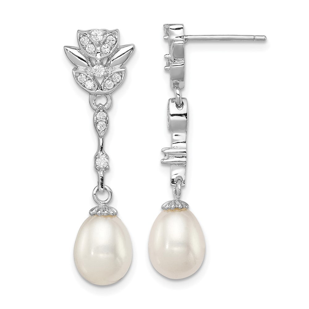 Sterling Silver Rhodium-plated 8- White Teardrop Freshwater Cultured Pearl and CZ Post Dangle Earrings