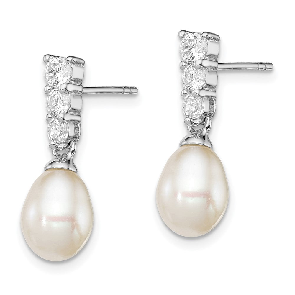 Sterling Silver Rhod-plated 7- White Teardrop Freshwater Cultured Pearl and CZ Post Dangle Earrings
