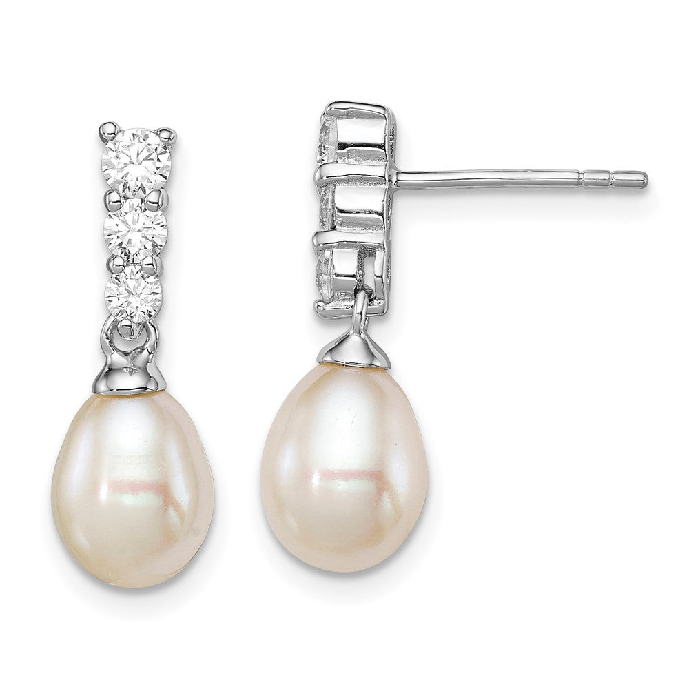 Sterling Silver Rhod-plated 7- White Teardrop Freshwater Cultured Pearl and CZ Post Dangle Earrings