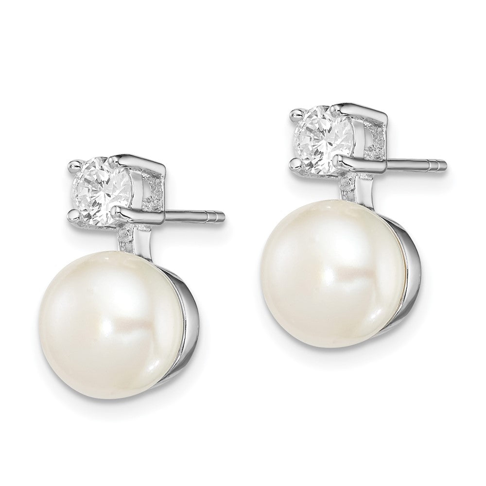 Sterling Silver Rhodium-plated 7- White Button Freshwater Cultured Pearl and CZ Post Earrings