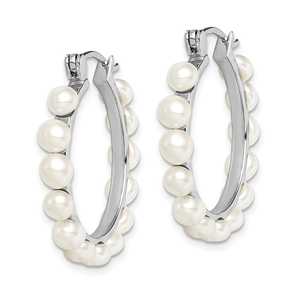 Sterling Silver Rhodium-plated 4- White Button Freshwater Cultured Pearl Hoop Earrings