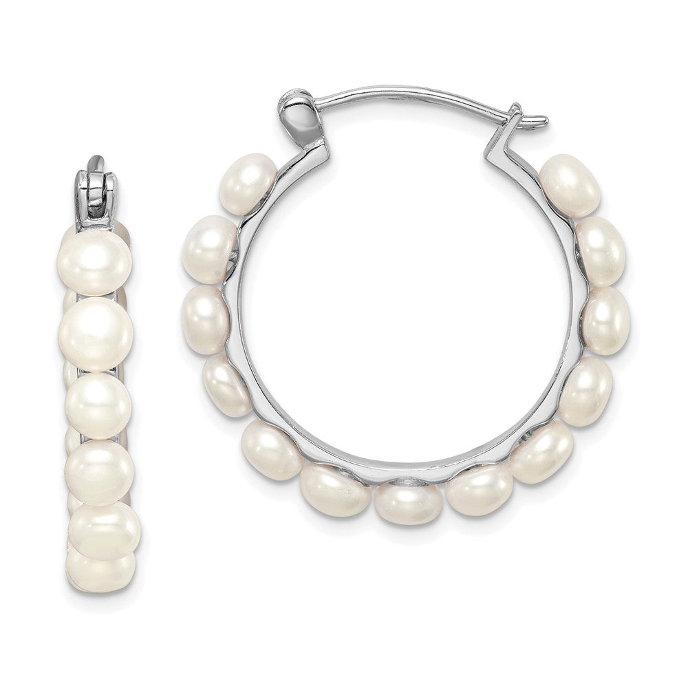 Sterling Silver Rhodium-plated 4- White Button Freshwater Cultured Pearl Hoop Earrings