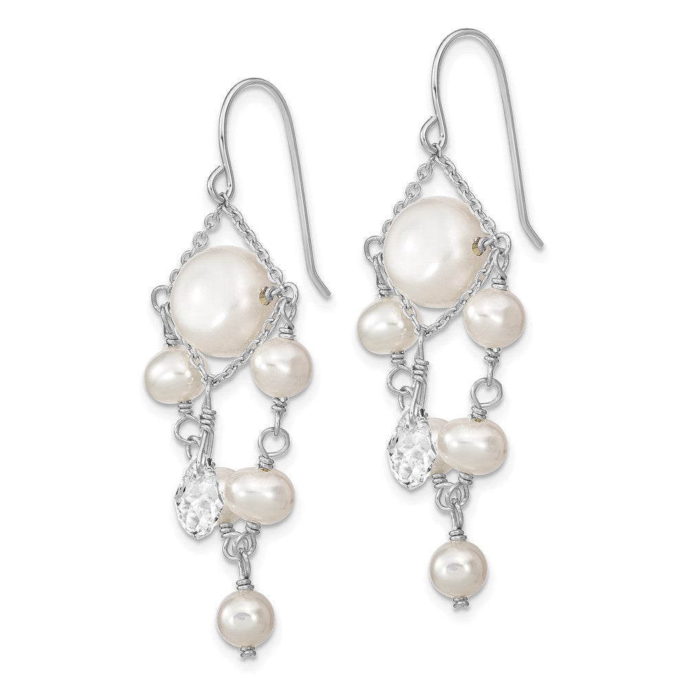 Sterling Silver Rhodium-plated Polished White 5- Freshwater Cultured Pearl and Crystal Dangle Earrings