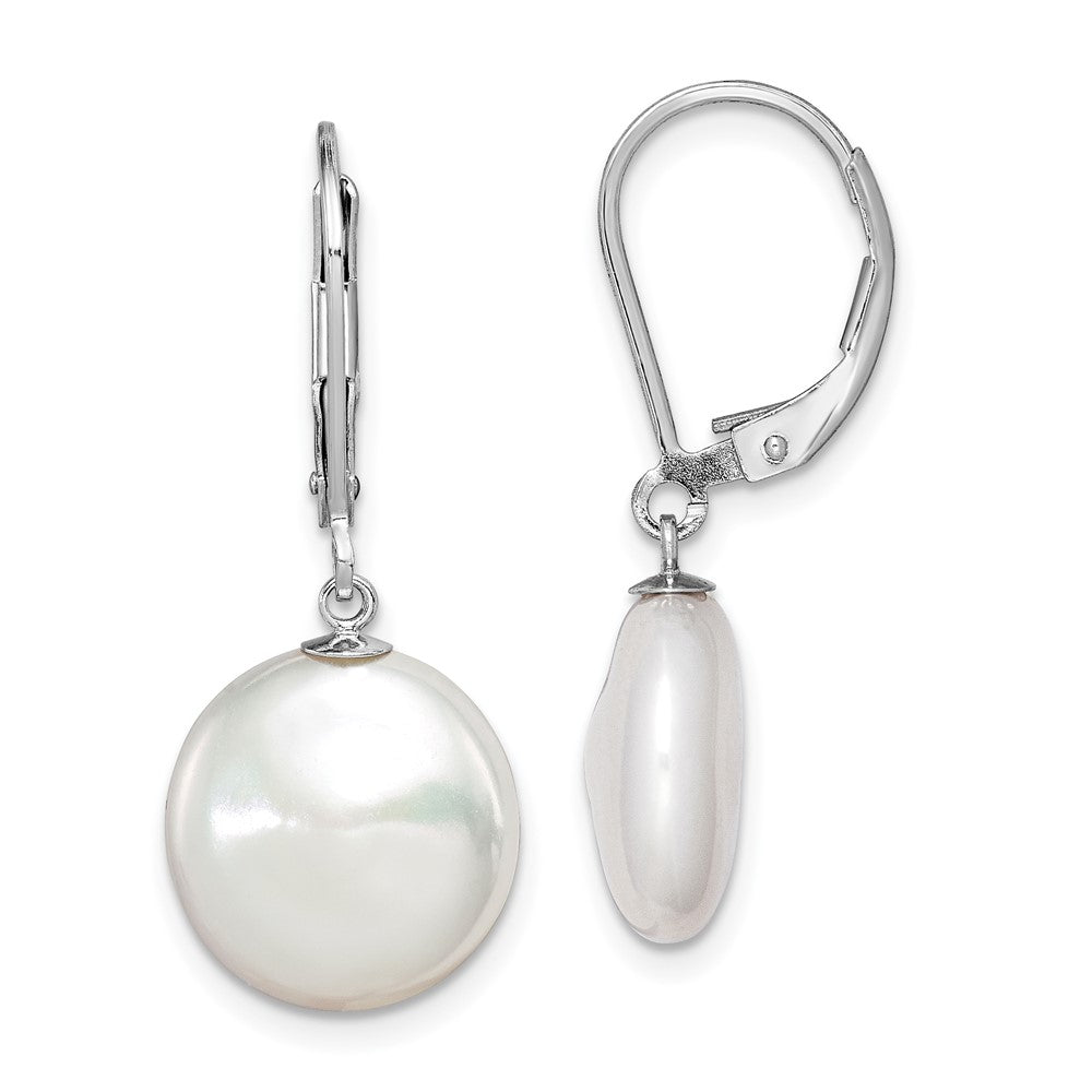 Sterling Silver Rhodium-plated 12- White Coin Freshwater Cultured Pearl Leverback Dangle Earrings