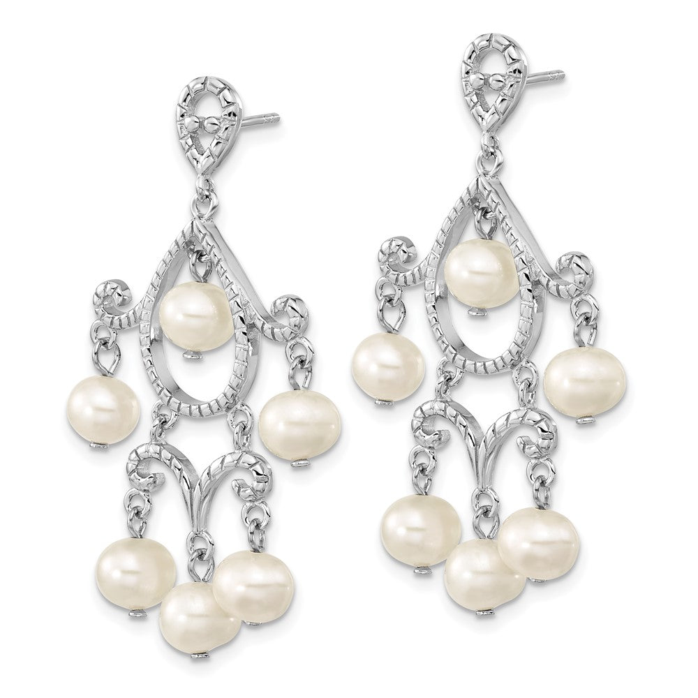 Sterling Silver Rhodium Plated 5- White Freshwater Cultured Pearl Dangle Post Earrings