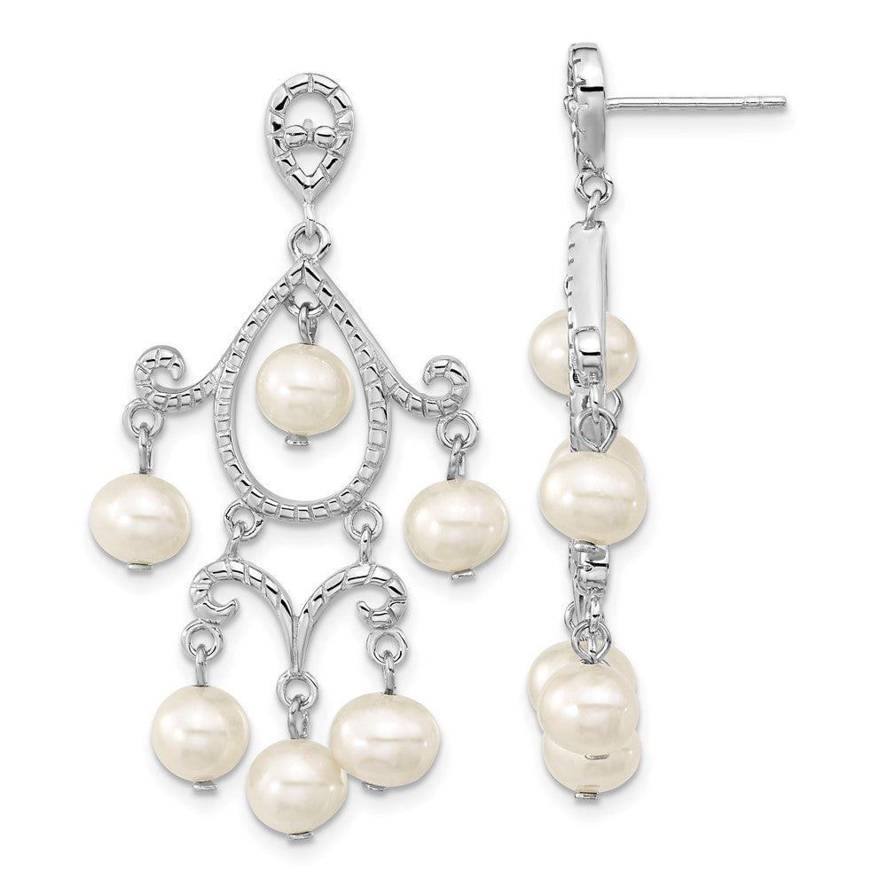 Sterling Silver Rhodium Plated 5- White Freshwater Cultured Pearl Dangle Post Earrings