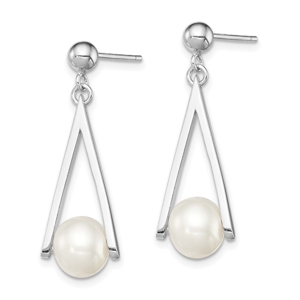 Sterling Silver Rhodium-plated 8- White Semi-Round Freshwater Cultured Pearl Triangle Post Dangle Earrings