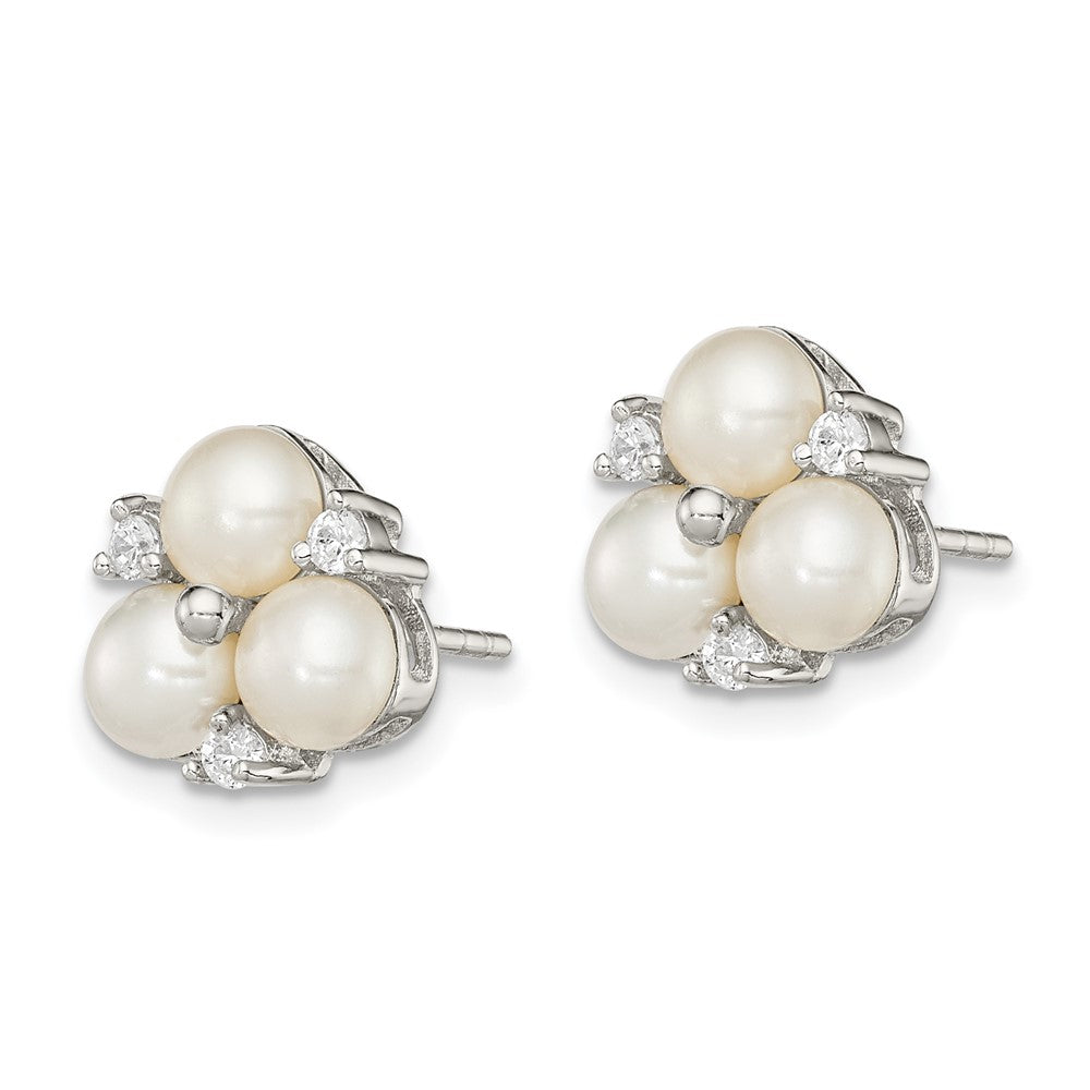 Sterling Silver Rhodium-plated 5- White Button Freshwater Cultured 3-Pearl and CZ Post Earrings