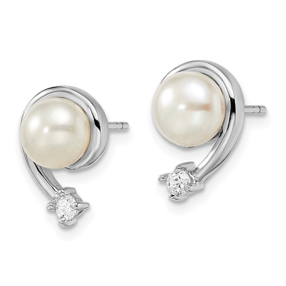 Sterling Silver Rhodium Plated Clear CZ and 7- White Freshwater Cultured Pearl Post Earrings