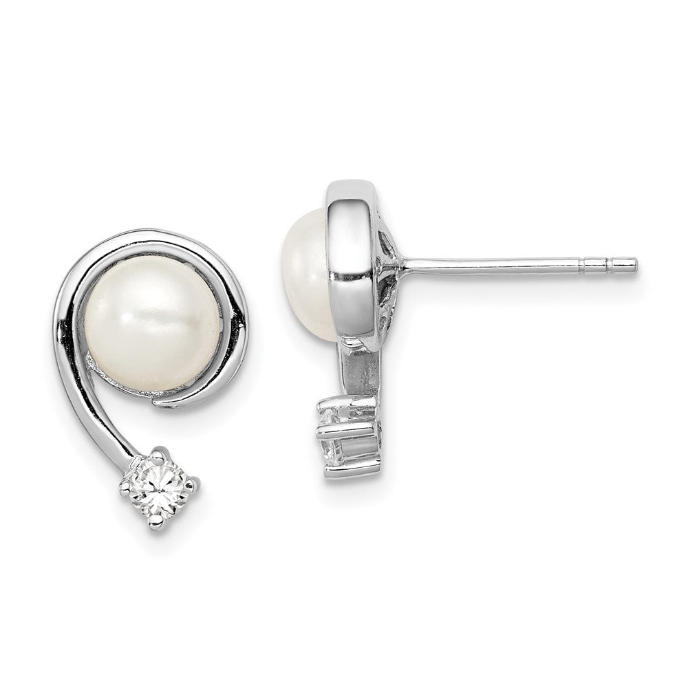 Sterling Silver Rhodium Plated Clear CZ and 7- White Freshwater Cultured Pearl Post Earrings