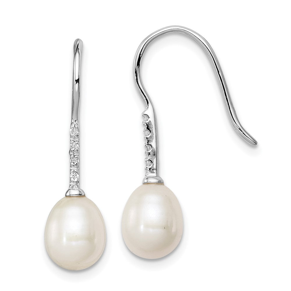 Sterling Silver Rhodium-plated 7- White Teardrop Freshwater Cultured Pearl and CZ Dangle Earrings