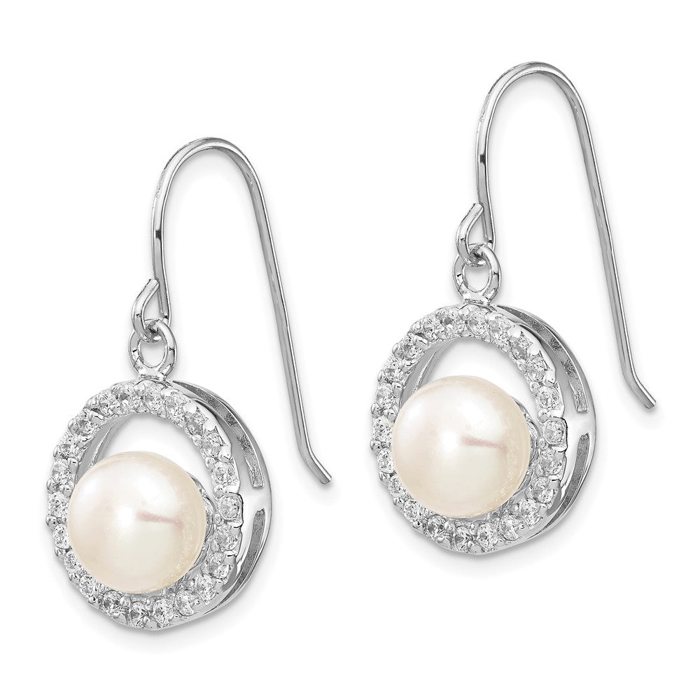 Sterling Silver Rhodium-plated 7- White Button Freshwater Cultured Pearl and CZ Dangle French Hook Earrings