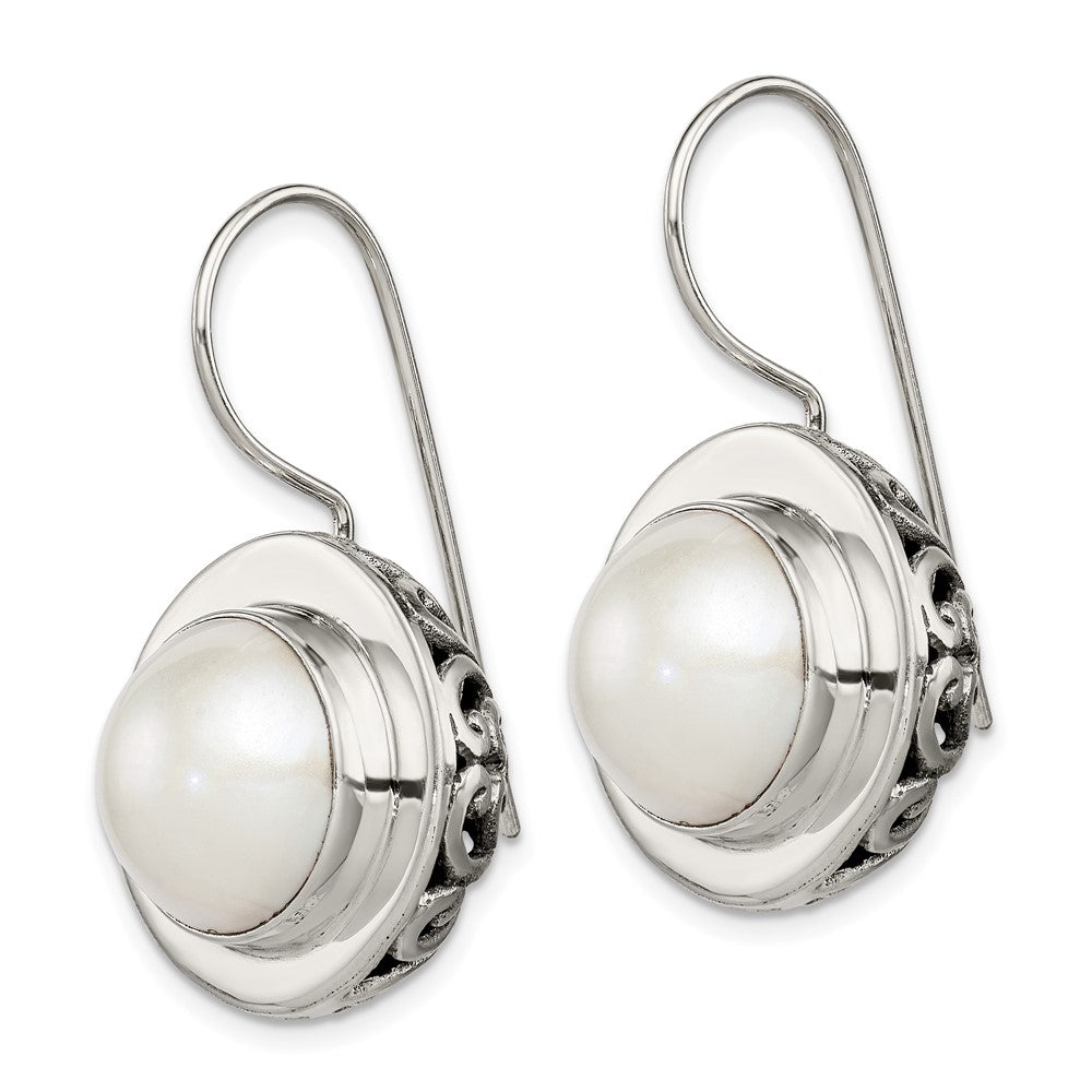 Sterling Silver Polished & Antiqued Fancy Filigree White 12- Freshwater Cultured Mabe Pearl Dangle Earrings