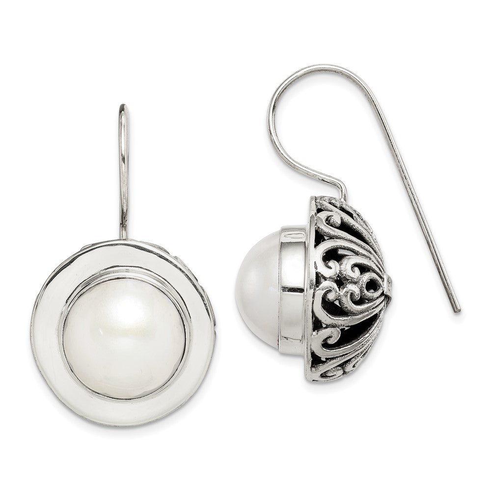 Sterling Silver Polished & Antiqued Fancy Filigree White 12- Freshwater Cultured Mabe Pearl Dangle Earrings